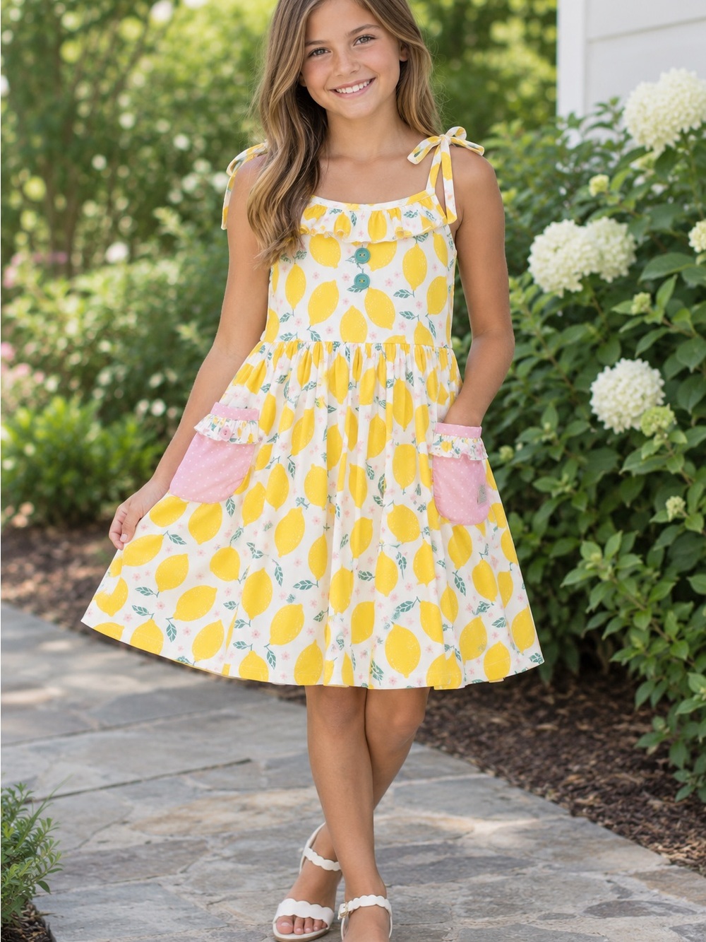 Eleanor Rose 10 Girls Yellow Lemon Print Tie-Shoulder Dress
